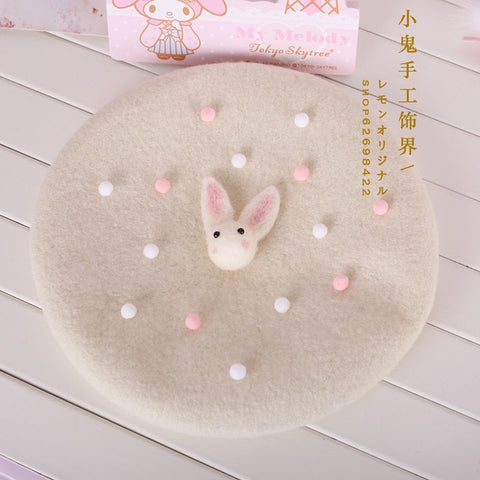 Soft sister Sweet Biscuits Hat Beret Wool Hat Painter Hat Rabbit Spring & Autumn New Side Folder Hairpin Lolita Hair Accessories