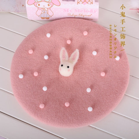 Soft sister Sweet Biscuits Hat Beret Wool Hat Painter Hat Rabbit Spring & Autumn New Side Folder Hairpin Lolita Hair Accessories