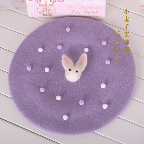 Soft sister Sweet Biscuits Hat Beret Wool Hat Painter Hat Rabbit Spring & Autumn New Side Folder Hairpin Lolita Hair Accessories
